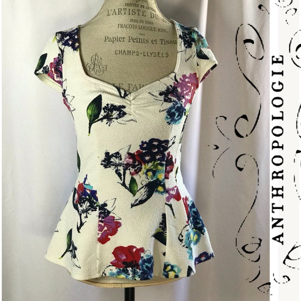 Anthropologie White Floral Cocktail Blouse Cap Sleeves S